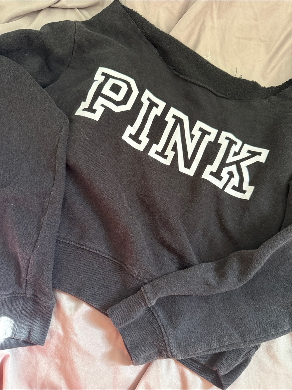 PINK Victoria's Secret Black Off-the-Shoulder Logo Sweatshirt